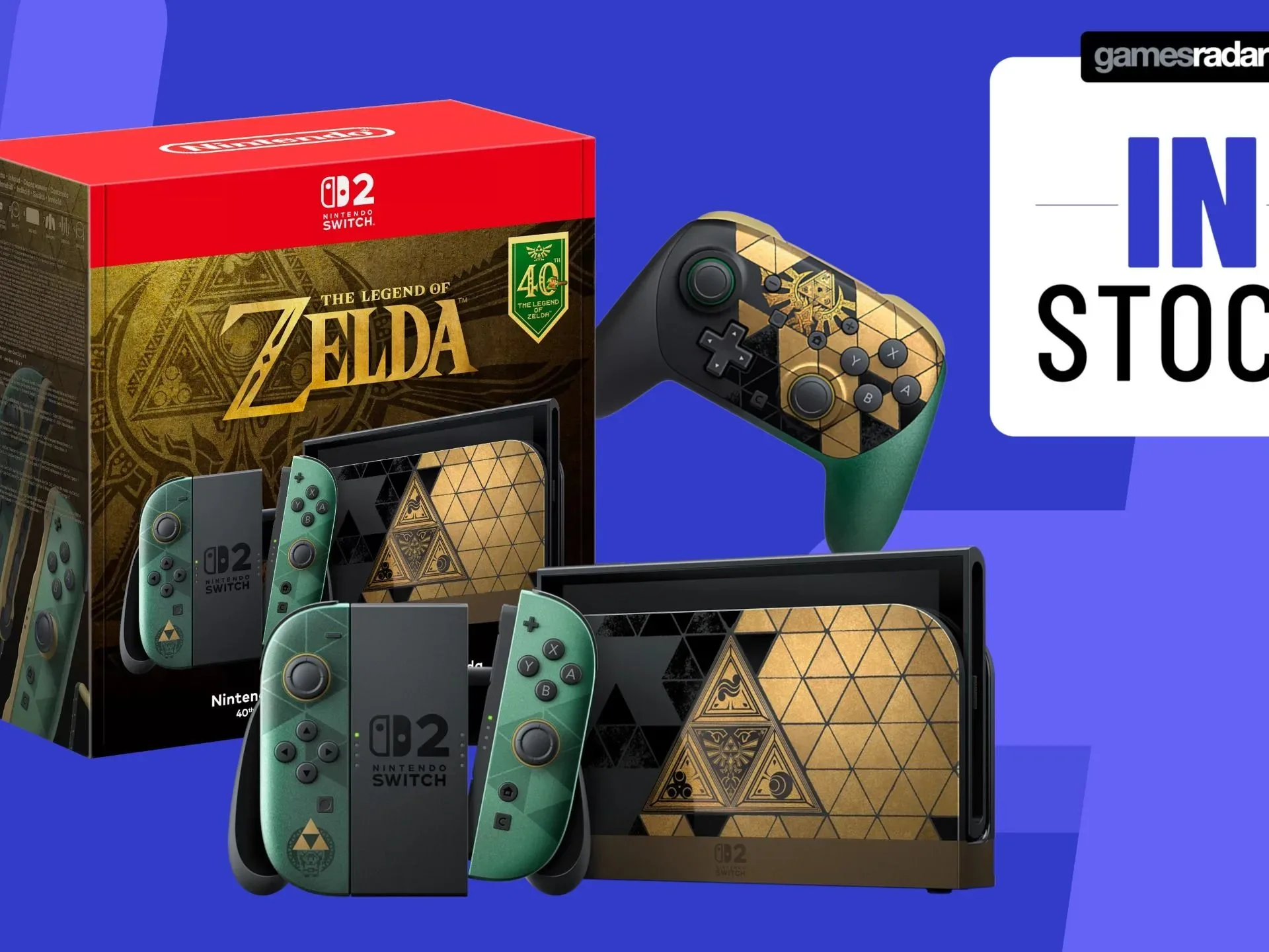 40th Anniversary Legend of Zelda Nintendo Switch 2 and Pro Controller on a blue background with in stock badge