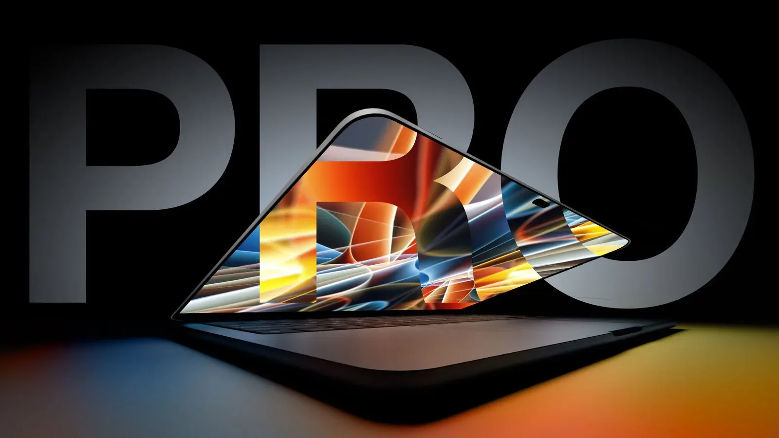 Concept-style view of a MacBook Pro with an OLED touchscreen interface