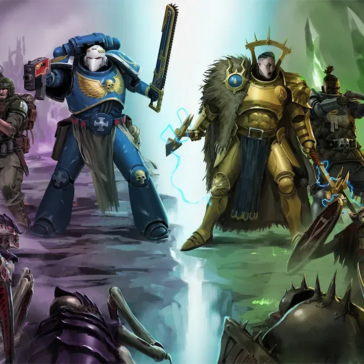 Warhammer Survivors promotional artwork featuring characters from Warhammer 40,000 and Warhammer Age of Sigmar