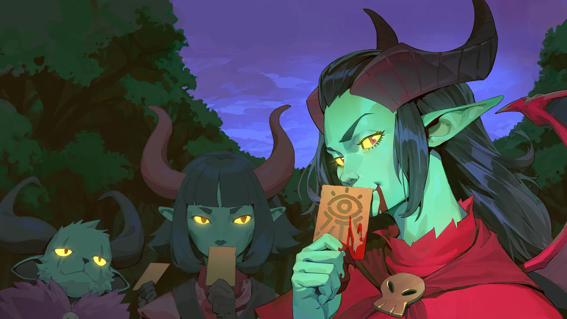 Demon Bluff promotional artwork showing its card-based social-deduction roguelike premise