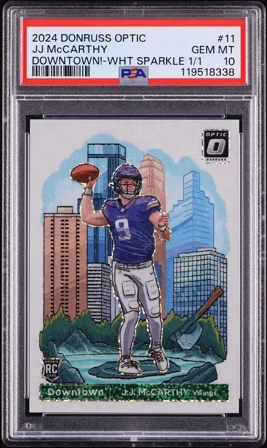 JJ McCarthy 2024 Panini National Treasures Stars and Stripes Platinum Shield Auto one-of-one graded PSA 9 with autograph graded 10
