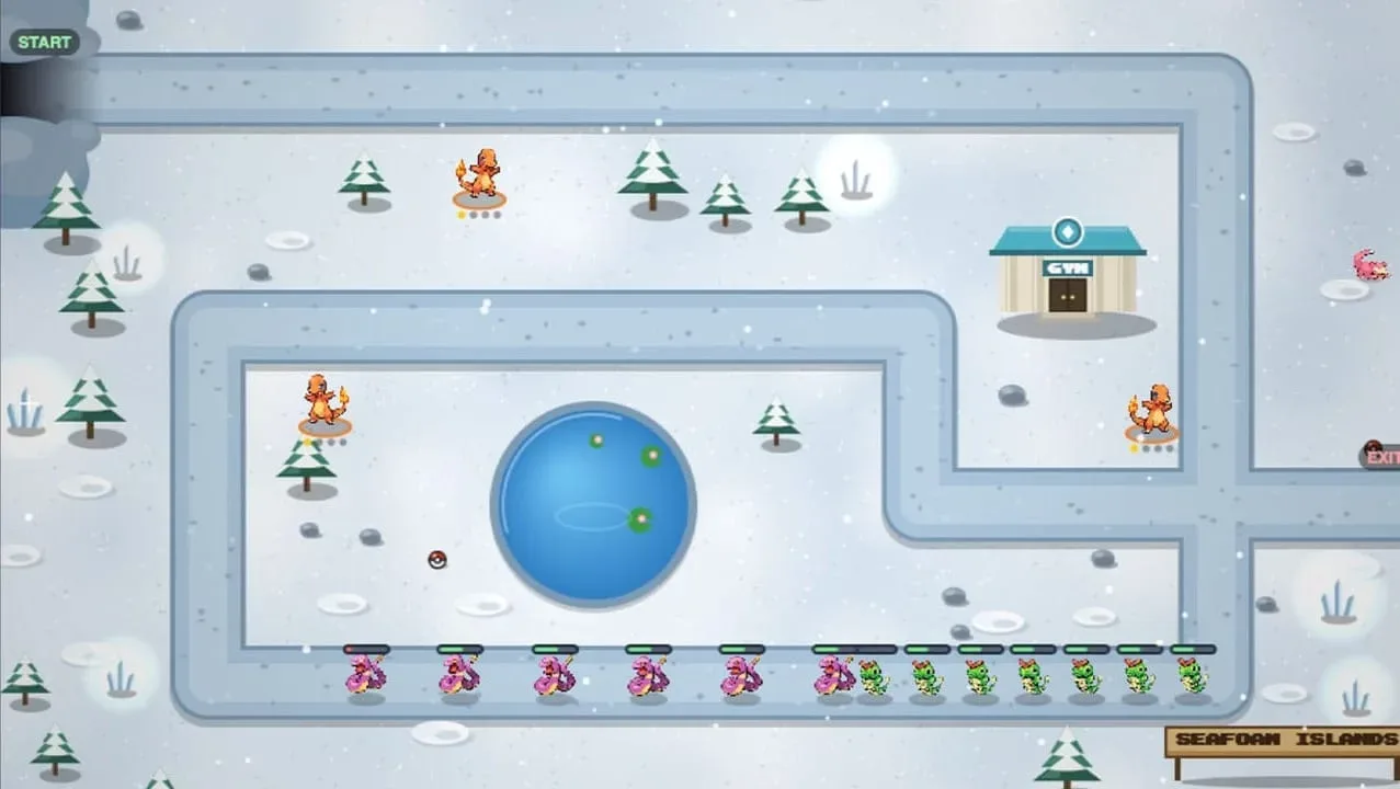 Pokémon-themed tower-defence gameplay showing defenders protecting a map exit