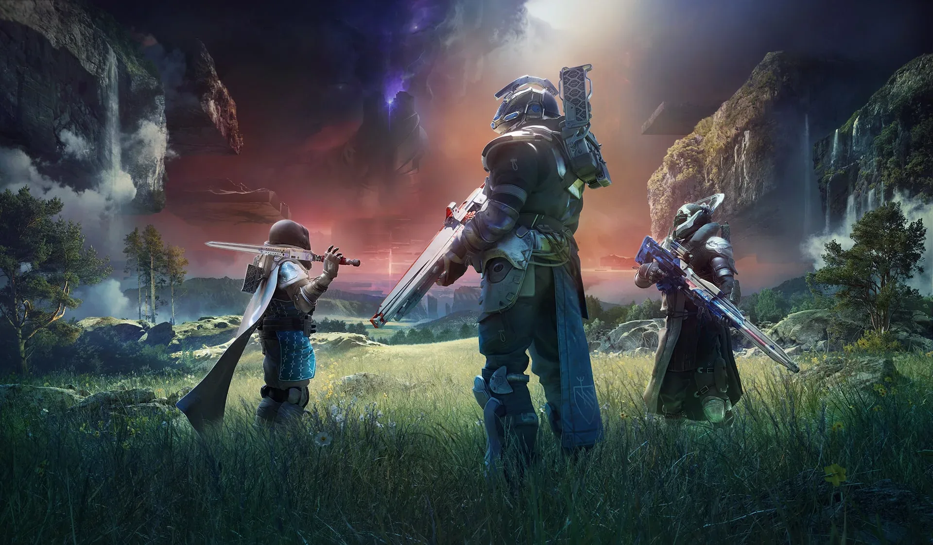 Destiny 2 Guardians overlooking a sci-fi landscape