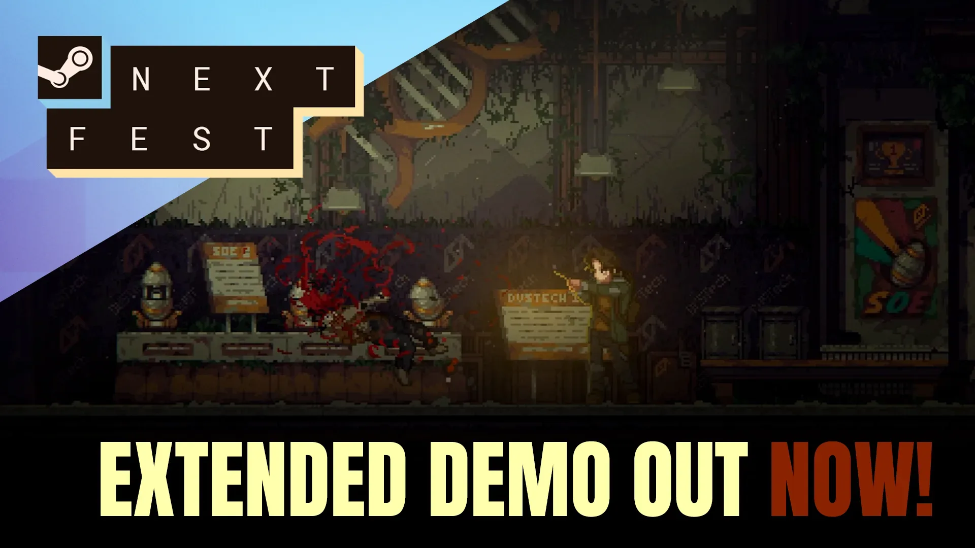 The Road of Dust and Sorrow pixel-art scene featuring Katherine and Ava in a ruined world