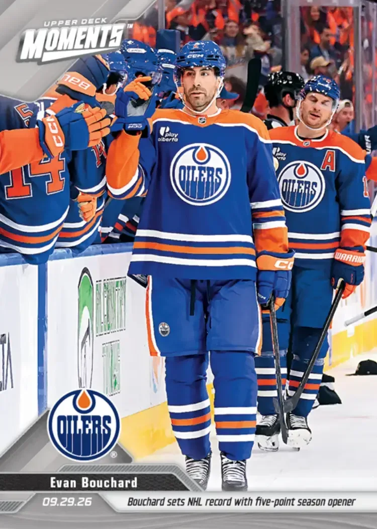2026-27 Upper Deck Moments Evan Bouchard base card commemorating his five-point season opener