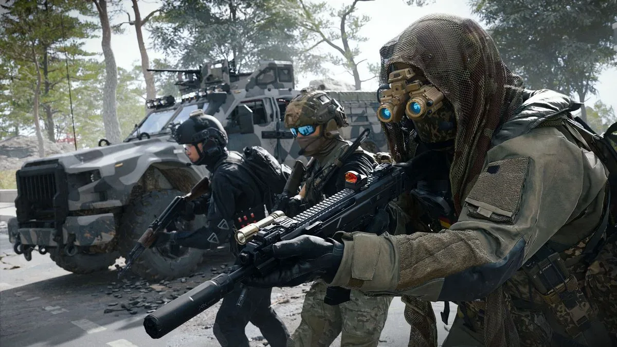 Three players ready their weapons next to a miliary truck in Call of Duty: Modern Warfare 4's DMZ mode