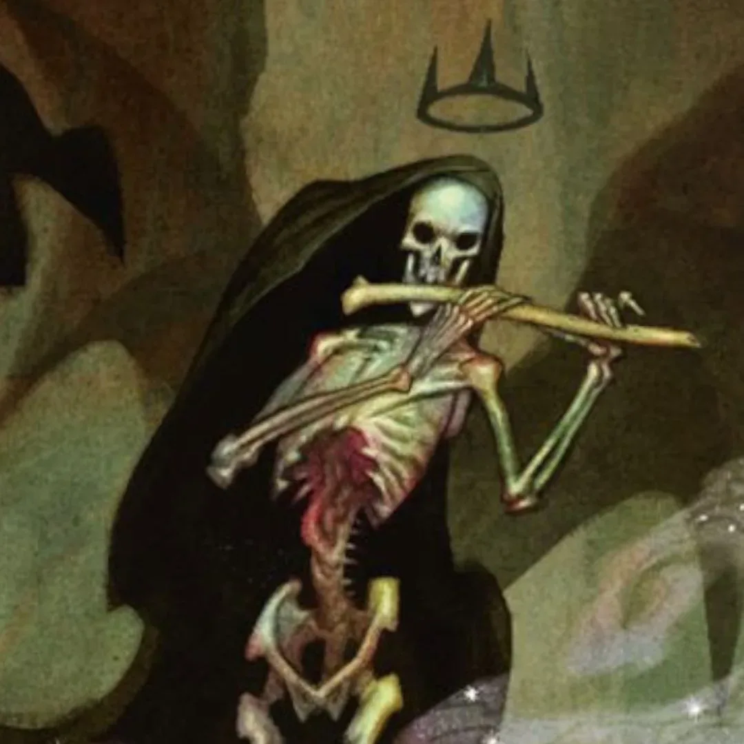 A skeletal Vaesen playing a bone flute, with dark wings, a cloak, and a floating crown