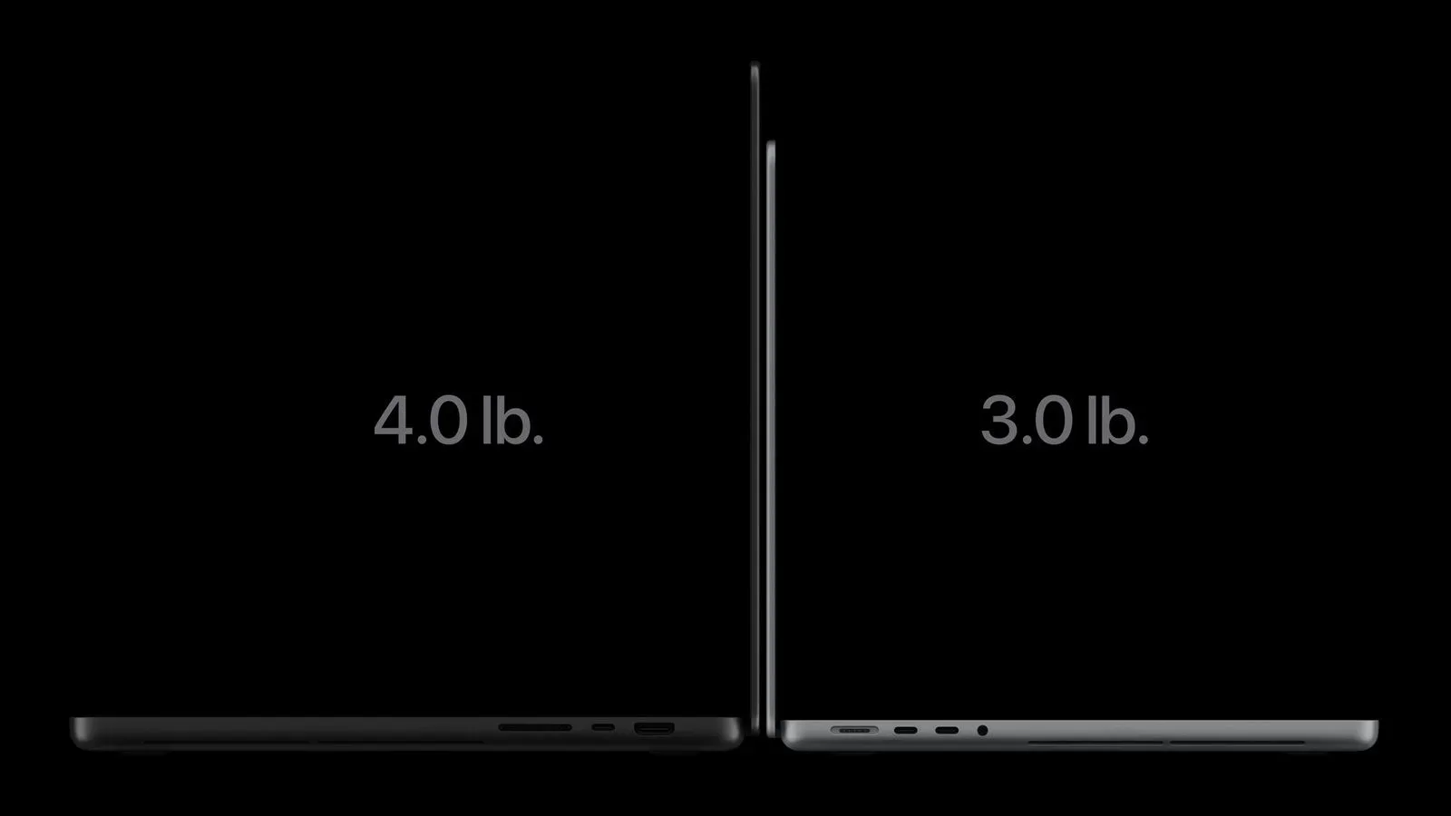 Side-by-side size and weight comparison of OLED and mini-LED MacBook Pro models