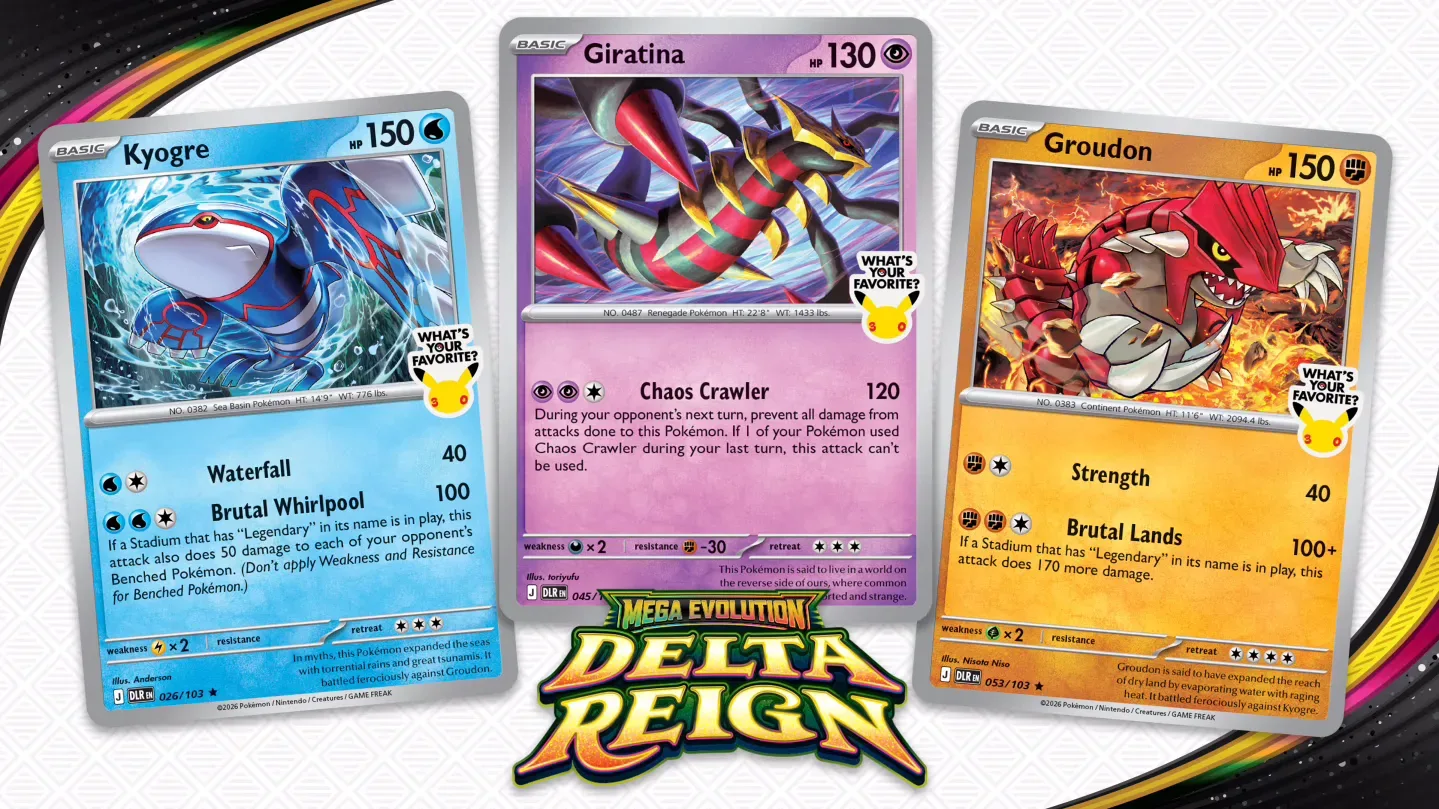 Kyogre, Groudon and Giratina Pokémon TCG promotional cards for Mega Evolution—Delta Reign