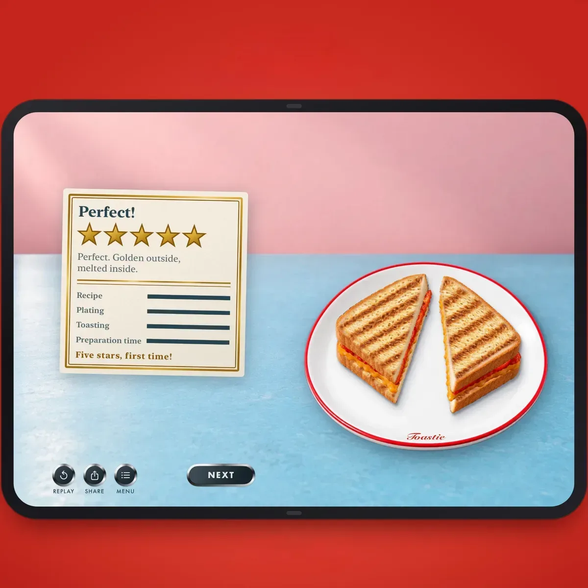 Toastie cooking game interface showing a sandwich being prepared on iPhone Duo