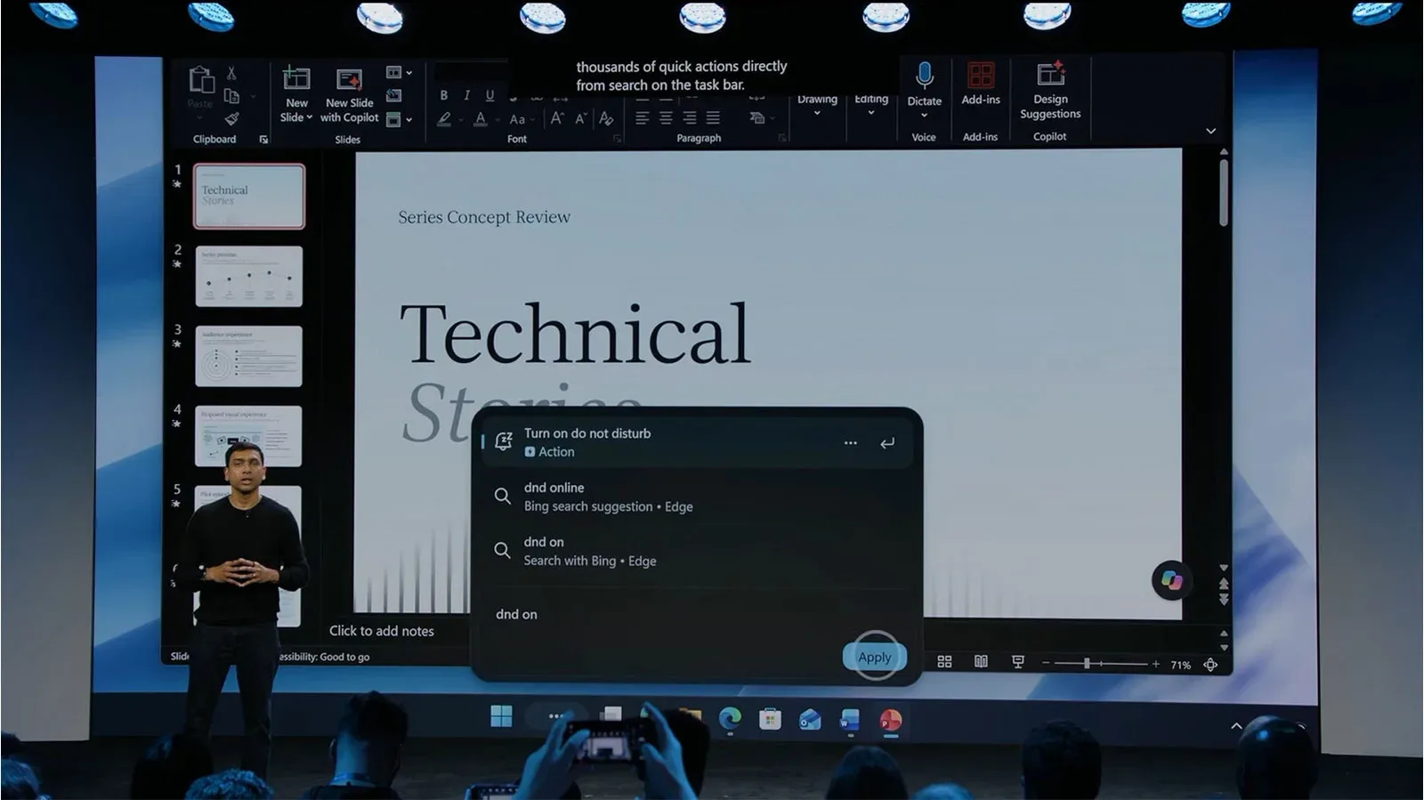 Windows Taskbar Search interface showing a natural-language command for microphone volume