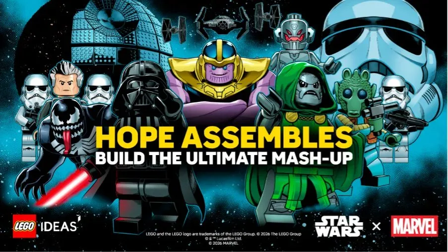 A variety of Lego Star Wars and Marvel characters against a starry background, behind a 'Hope Assembles' logo