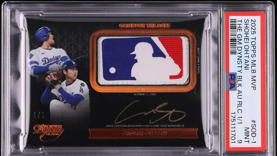 Image of LA Dodgers DH and Pitcher, Shohei Ohtani, in white jersey with blue hat and helmet, logo on right of card with auto