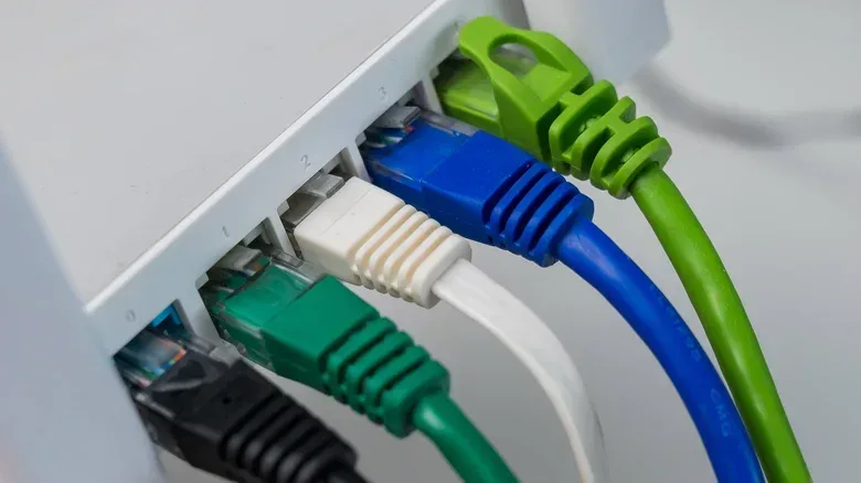 Various Ethernet cables plugged into the back of a device.
