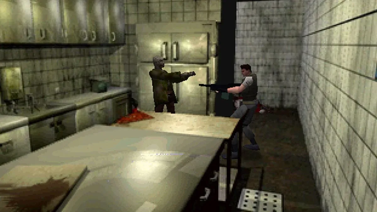Chris Redfield fires a shotgun at a zombie in the original Resident Evil