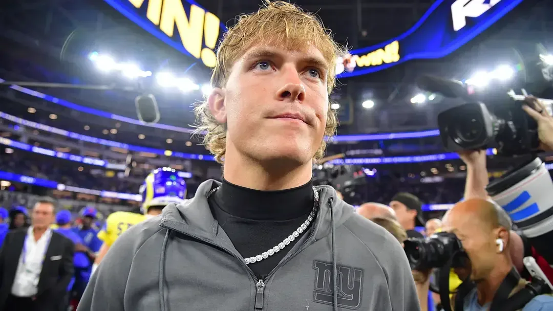 Jaxson Dart after the Giants' loss to the Rams at SoFi Stadium