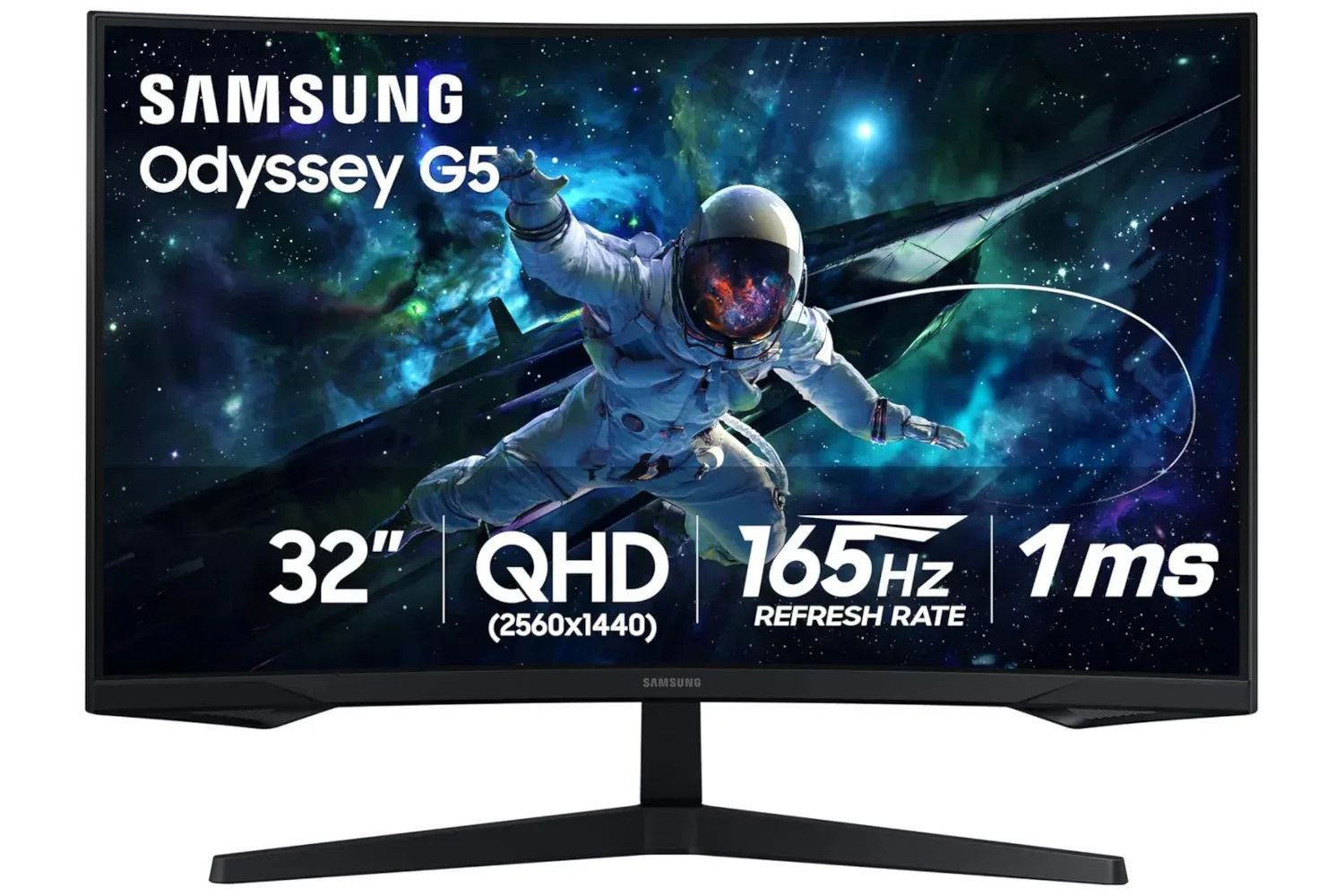Samsung Odyssey G55C 32-inch curved gaming monitor showing a QHD game scene