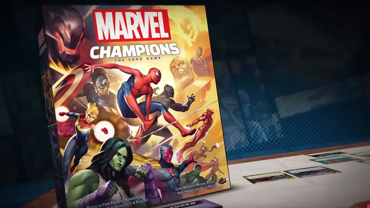 Marvel Champions box on a blue background