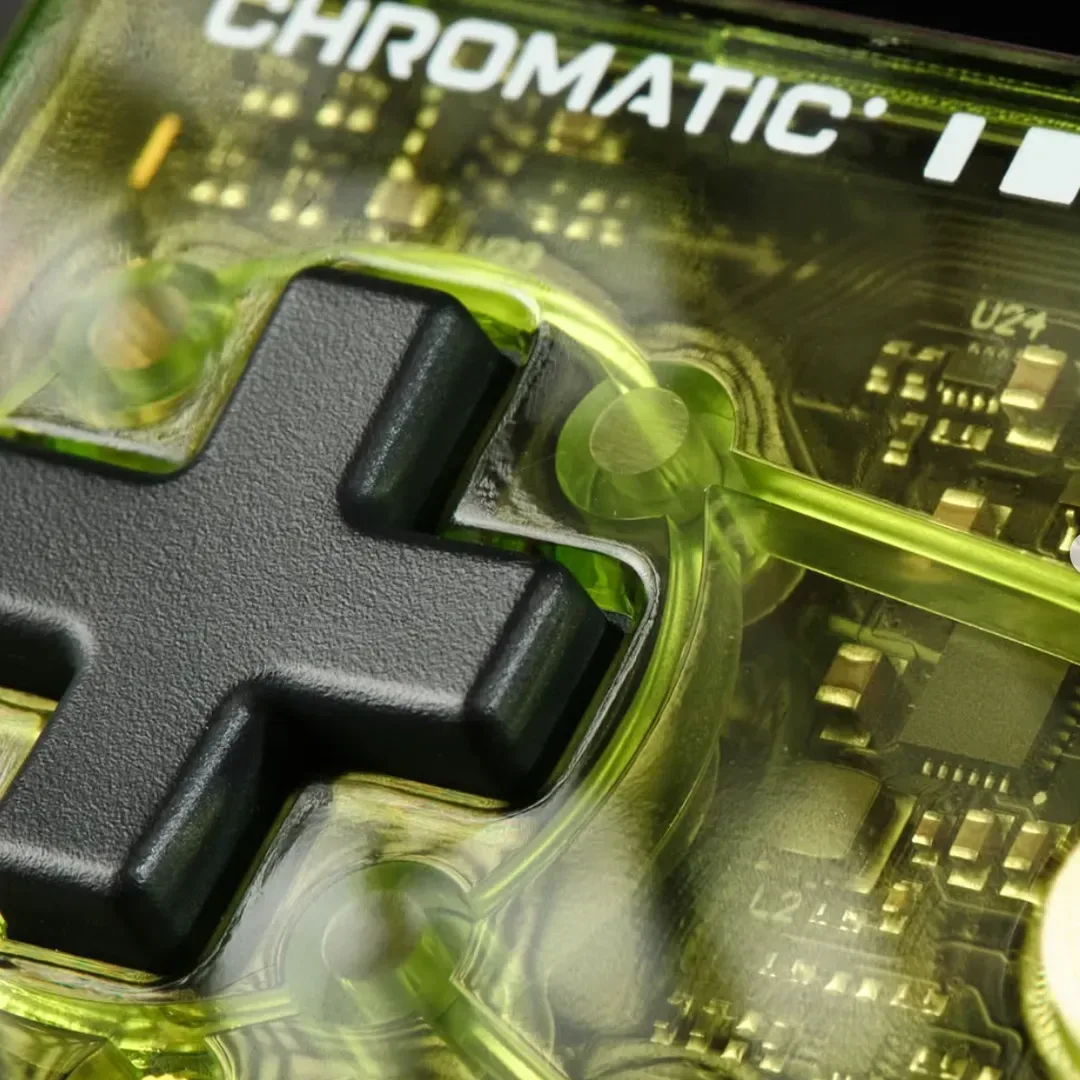 Close view of a transparent ModRetro Chromatic shell and controls