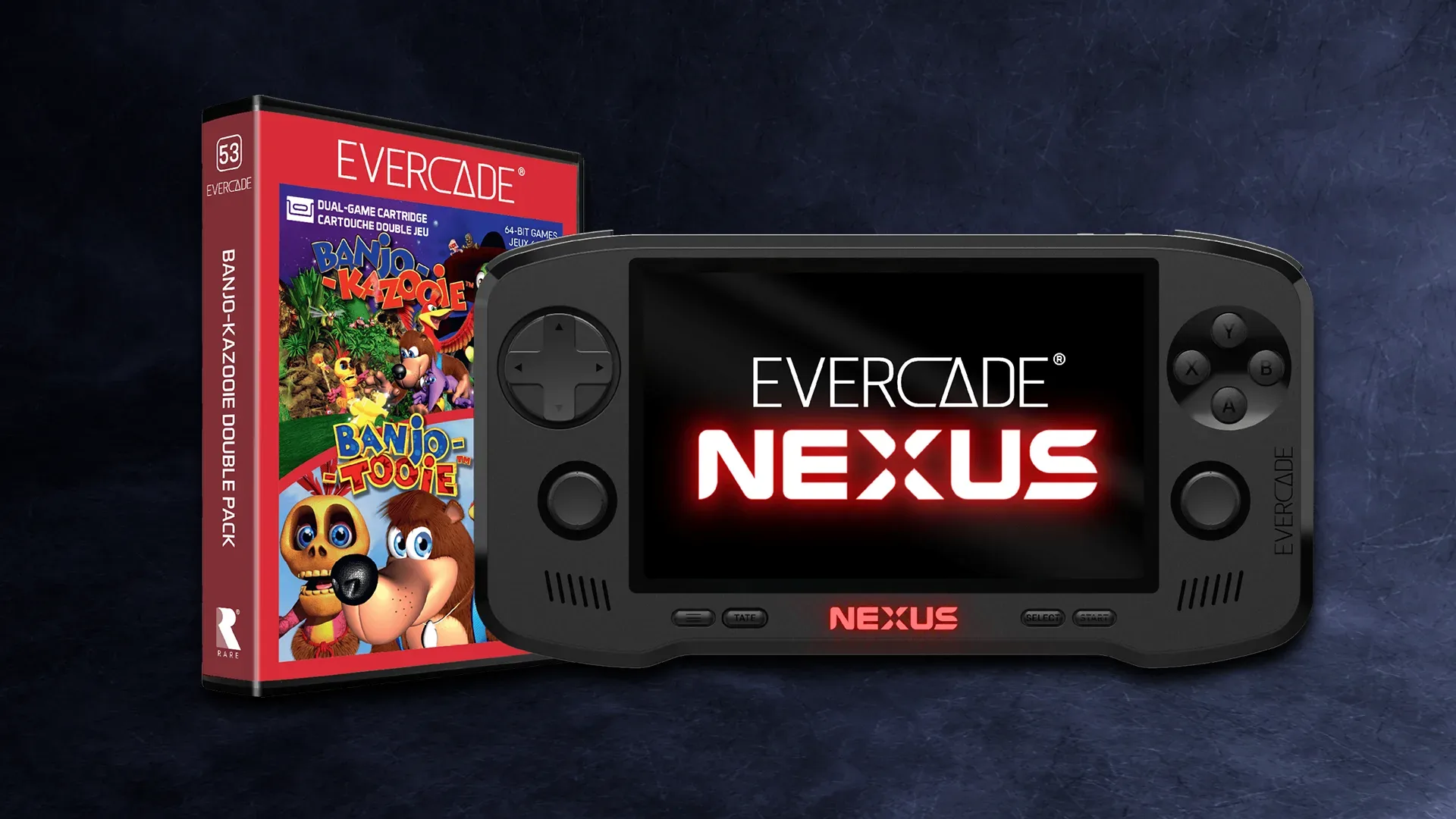 Evercade Nexus handheld console with BANJO-KAZOOIE Double Pack cartridge