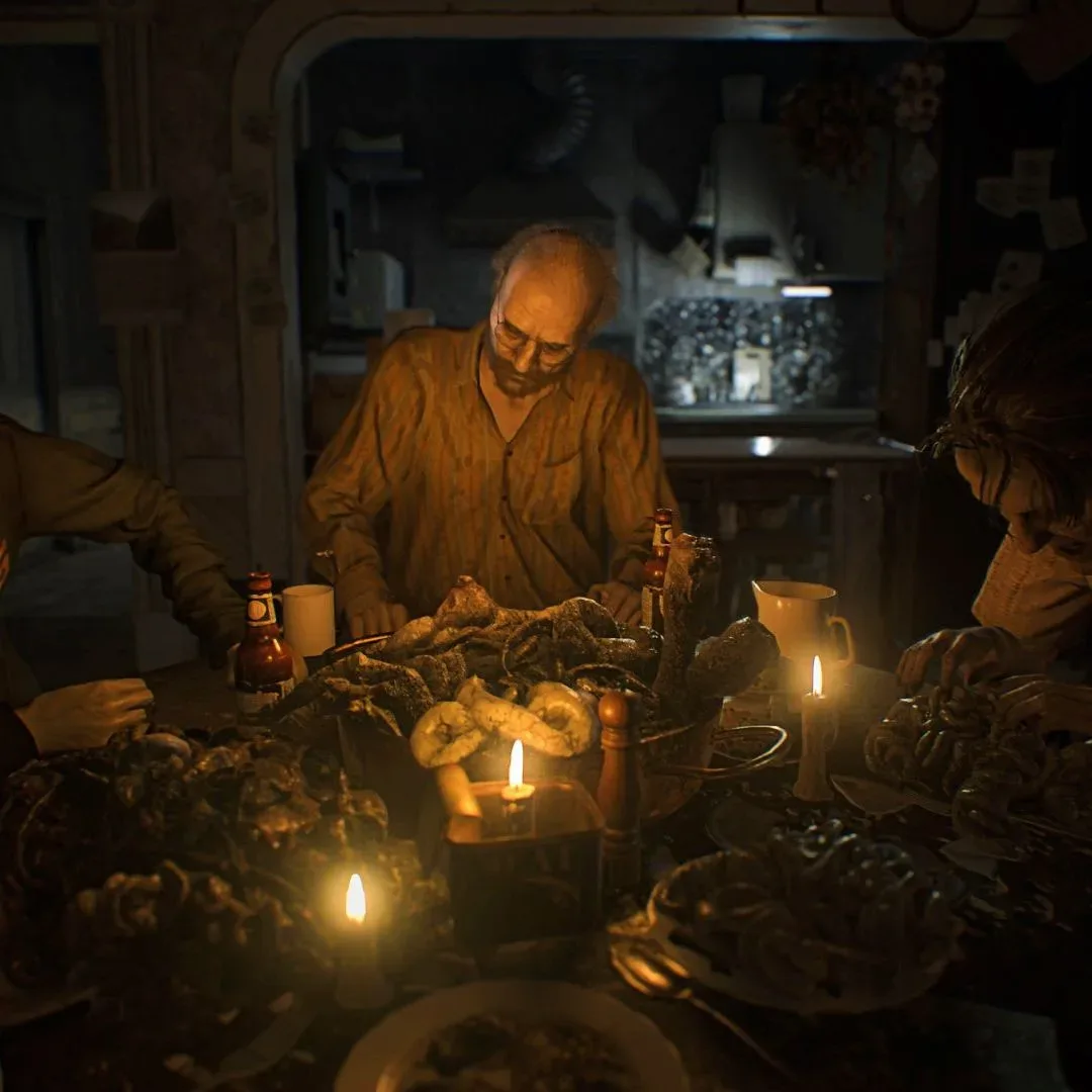 A shadowy first-person horror hallway representing Resident Evil 7’s perspective shift
