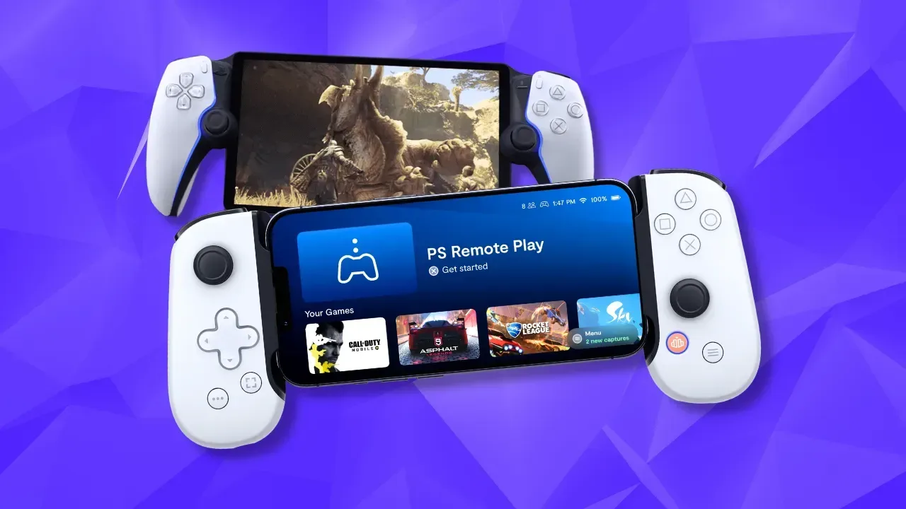 Handheld gaming hardware displayed in docked and portable configurations
