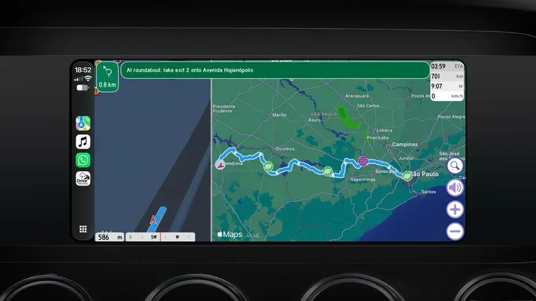 The Drive Weather app on CarPlay, showing a route and its expected weather conditions.