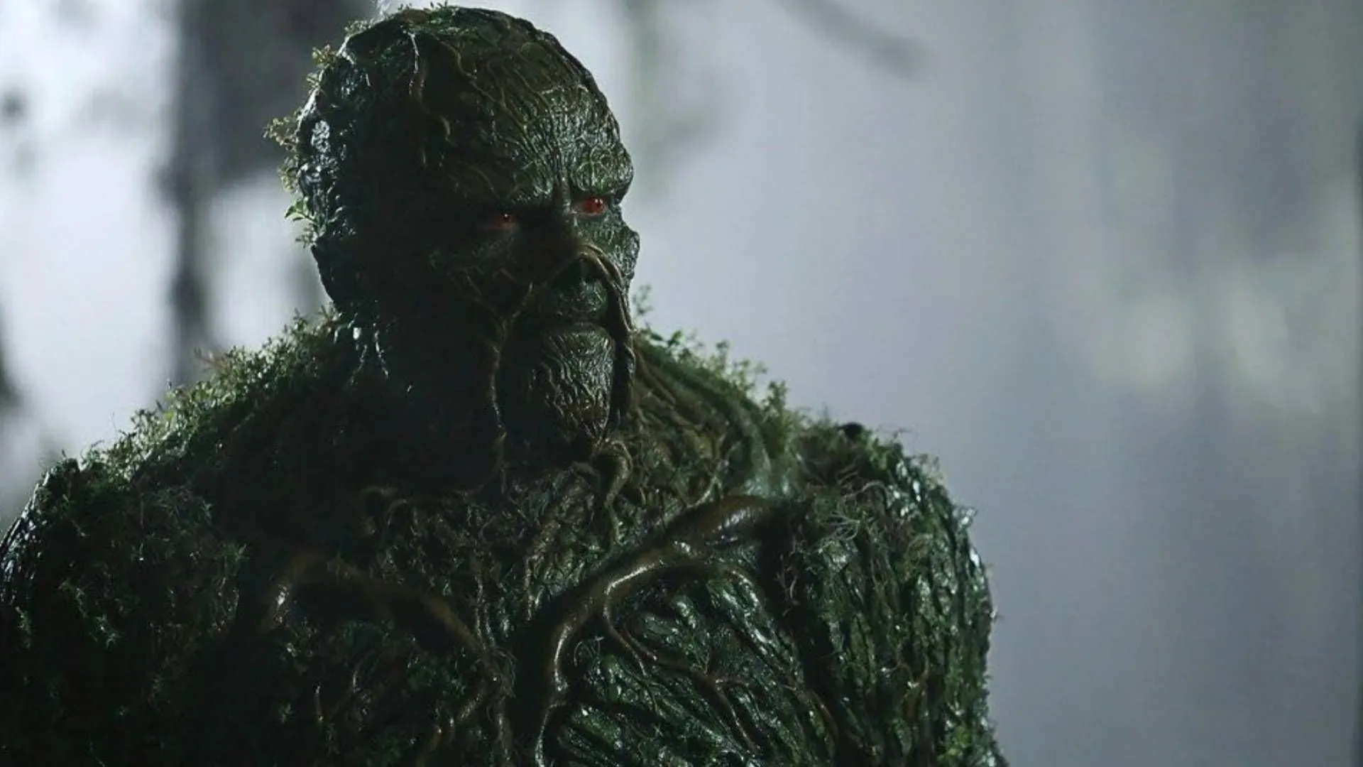 Swamp Thing emerging from a shadowy marsh in a Gothic horror-inspired DC movie concept