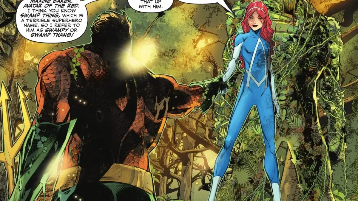 Aquaman, Maxine Baker and Swamp Thing gather as the avatars of the Blue, Red and Green in Emperor Aquaman #22