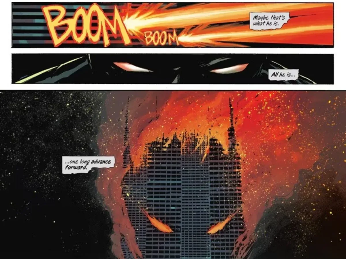 Batman against a Gotham City backdrop for an article about Absolute Batman’s lone-wolf theme
