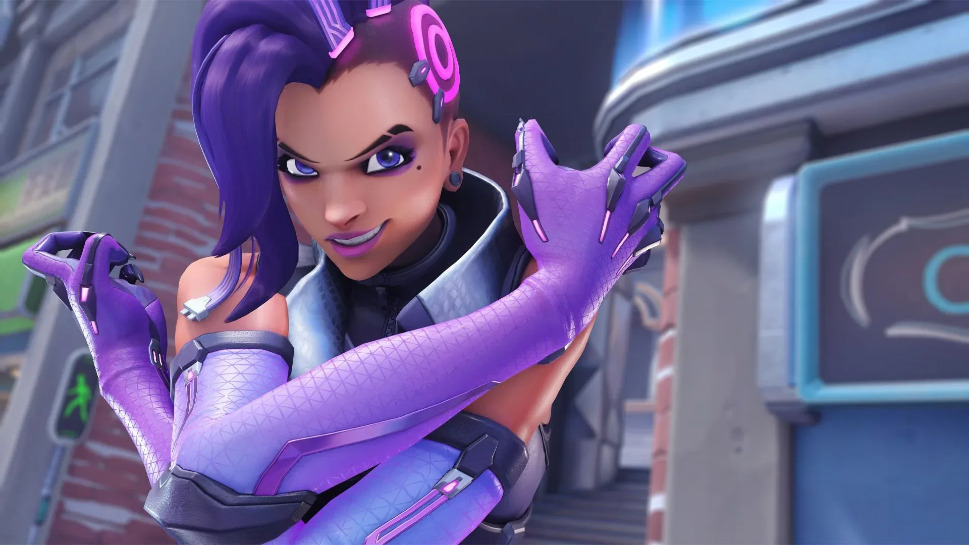 Overwatch Sombra support rework artwork highlighting Hotfix and Cyberspace abilities