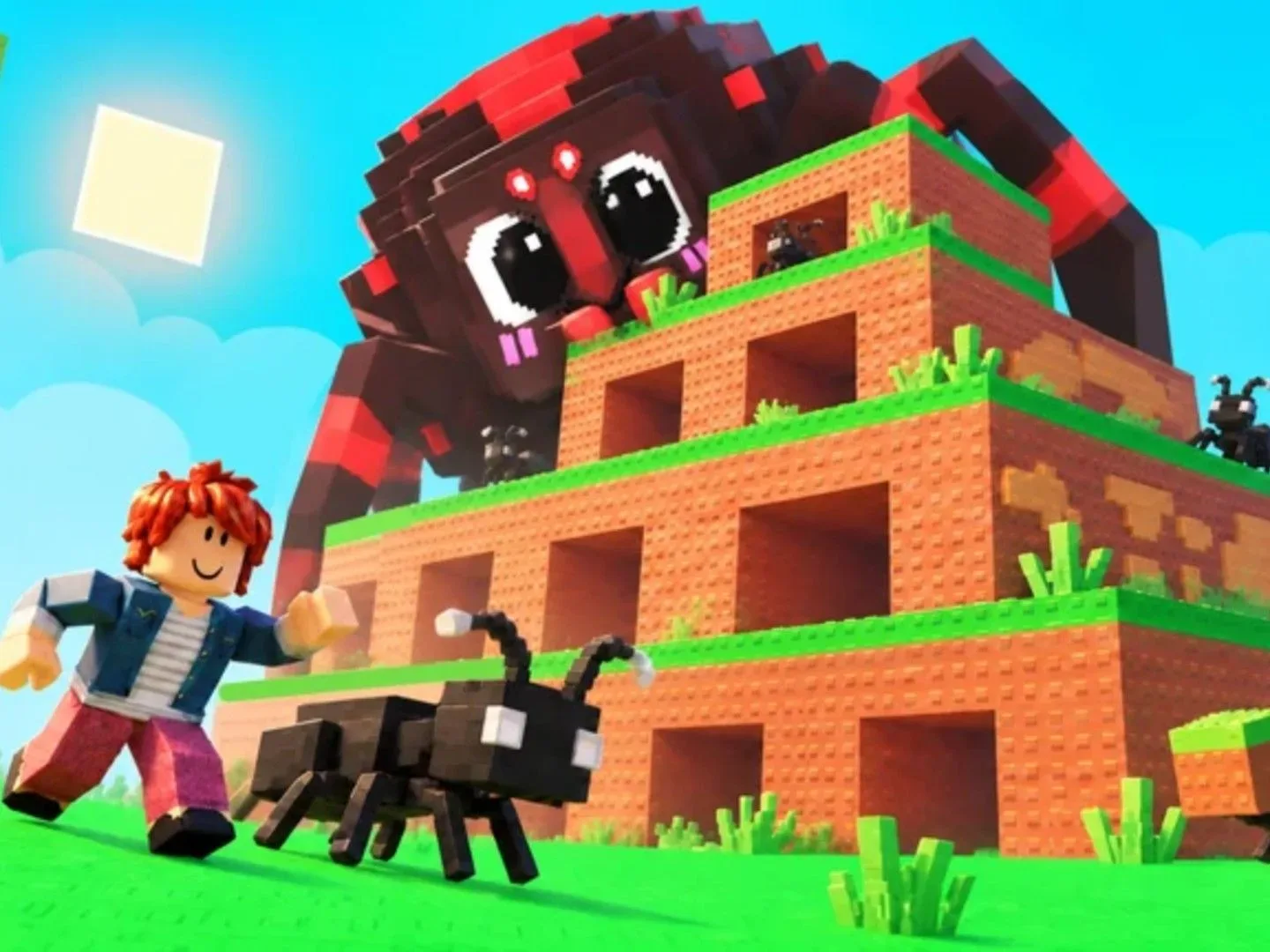 A giant spider overlooks an ants nest in Build an Ant Empire on Roblox.