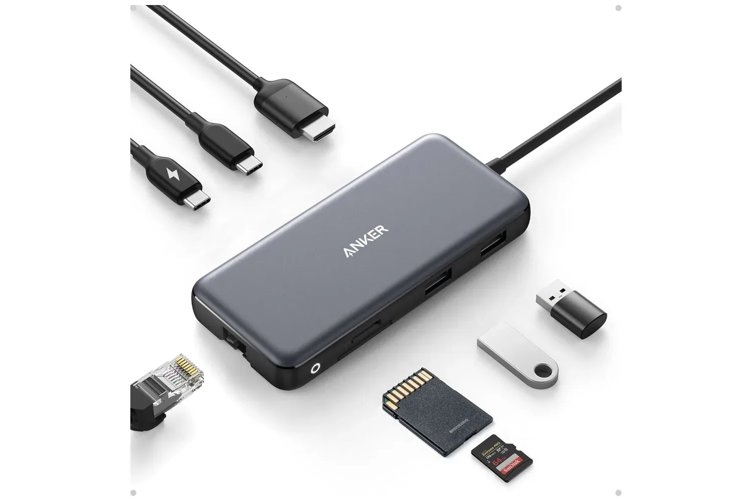 Anker 8-in-1 USB-C hub connected to a laptop desk setup
