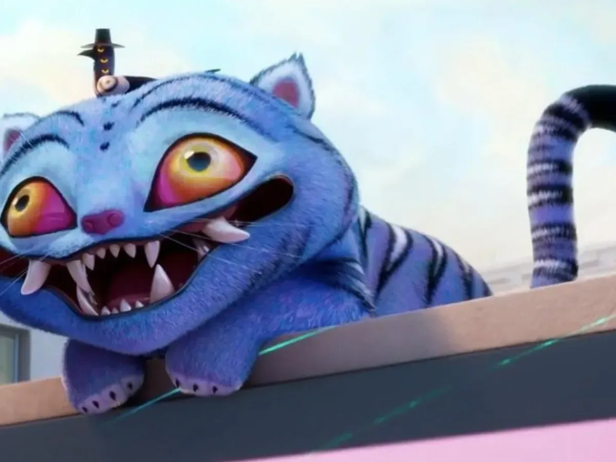 Close view of Derpy Tiger’s yellow eyes on the 37,000-brick LEGO build