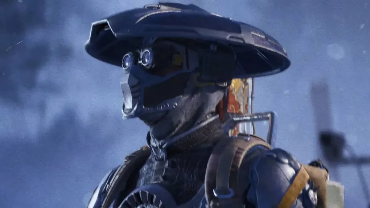 Screenshot from Arc Raiders The Frozen Trail Collector Set shows a character wearing a mask, goggles, and large hat.