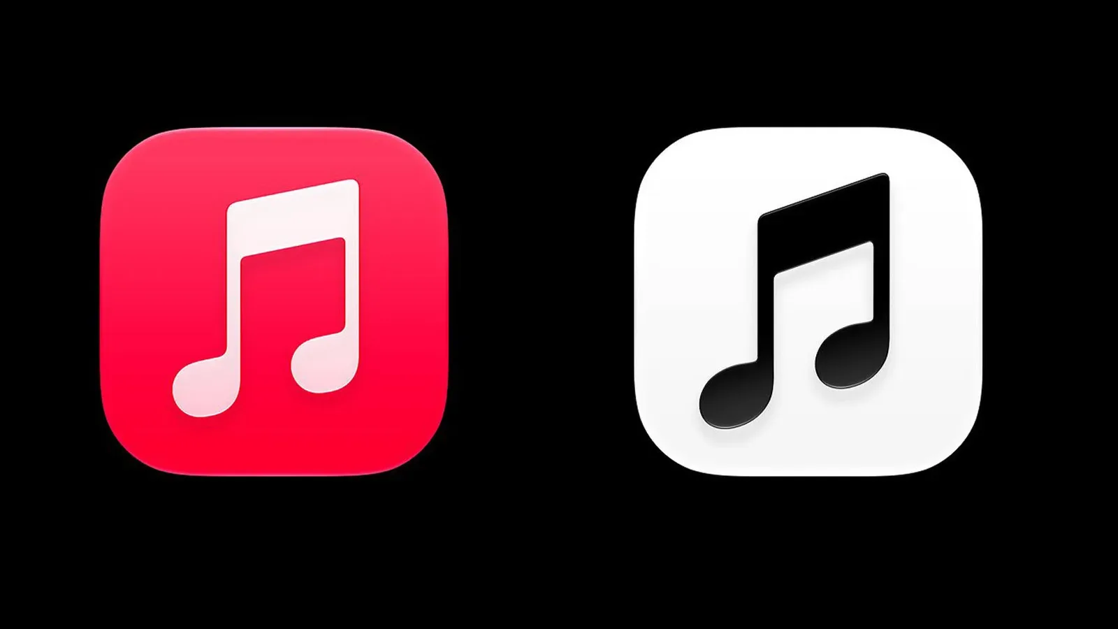Apple Music’s apparent black-and-white music note app icon shown in light and dark modes