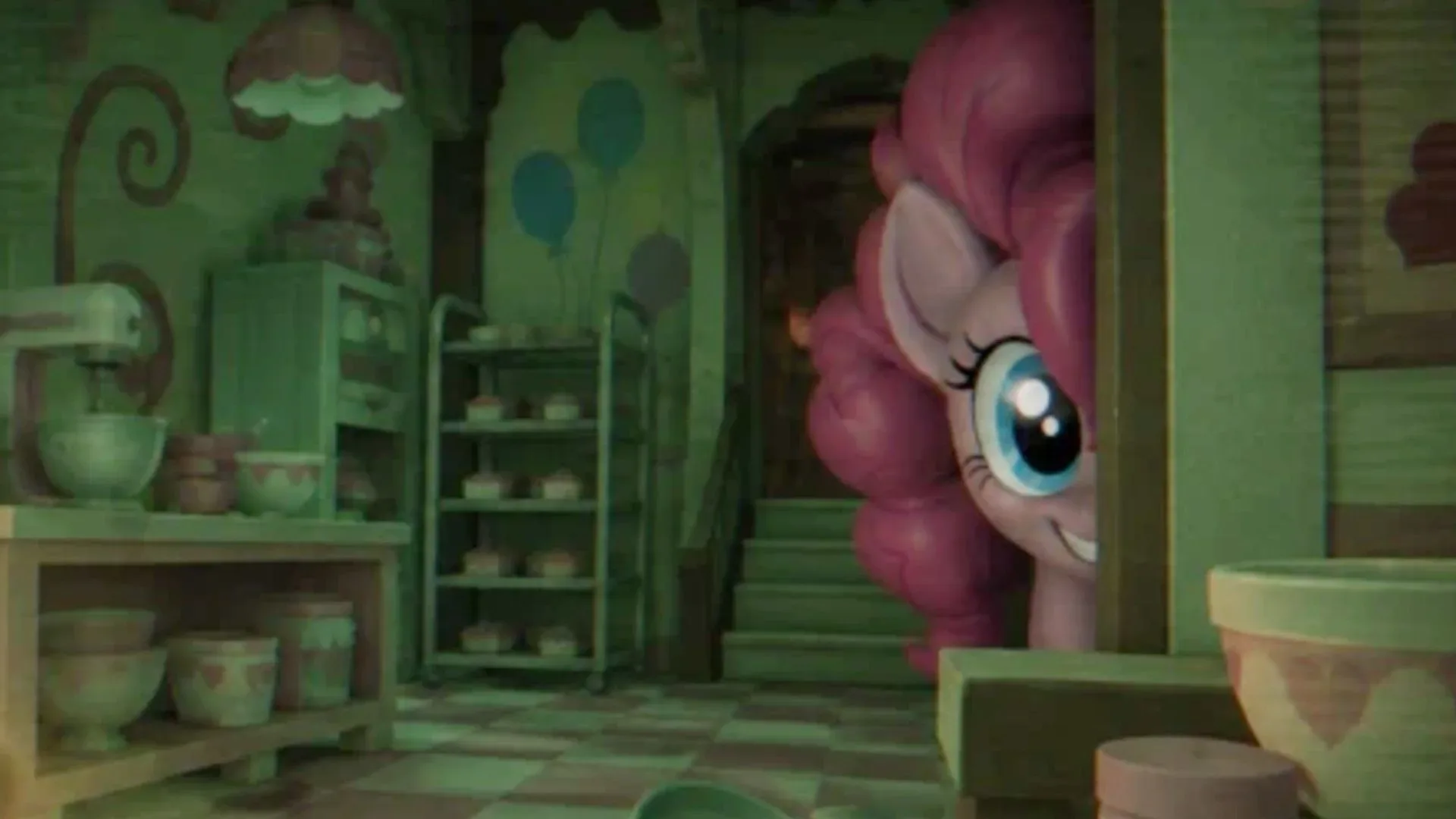 Pinkie Pie grins evilly from behind a wall in Pinkie Promise in Roblox