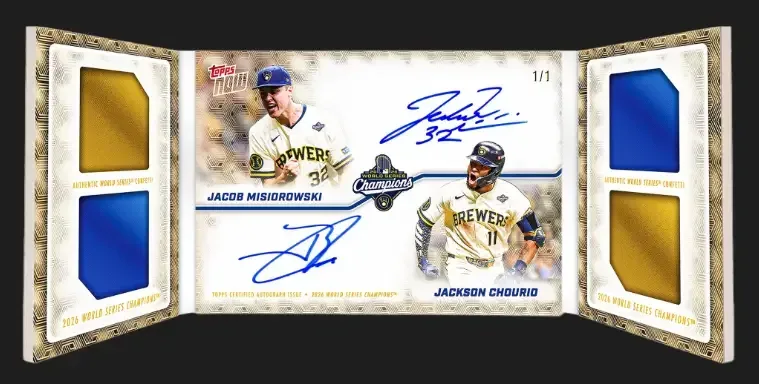 World Series confetti dual-autograph relic booklet redemption featuring Jacob Misiorowski and Jackson Chourio