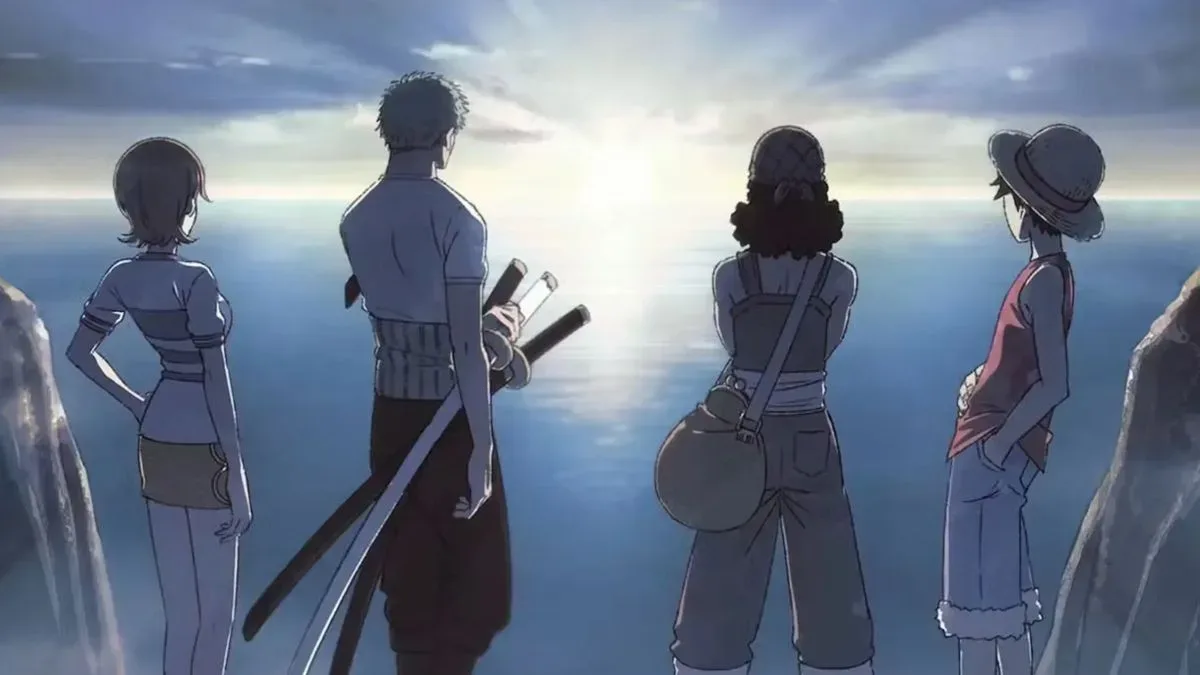 Nami, Zoro, Usopp and Luffy looking at the sea during a moment in the upcoming anime reboot, The One Piece