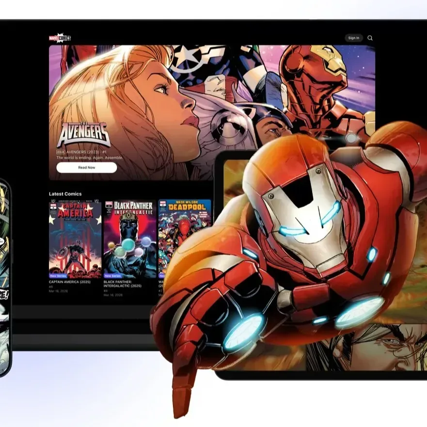 Marvel Comics powered by Webtoon app interface showing a comic issue overview page