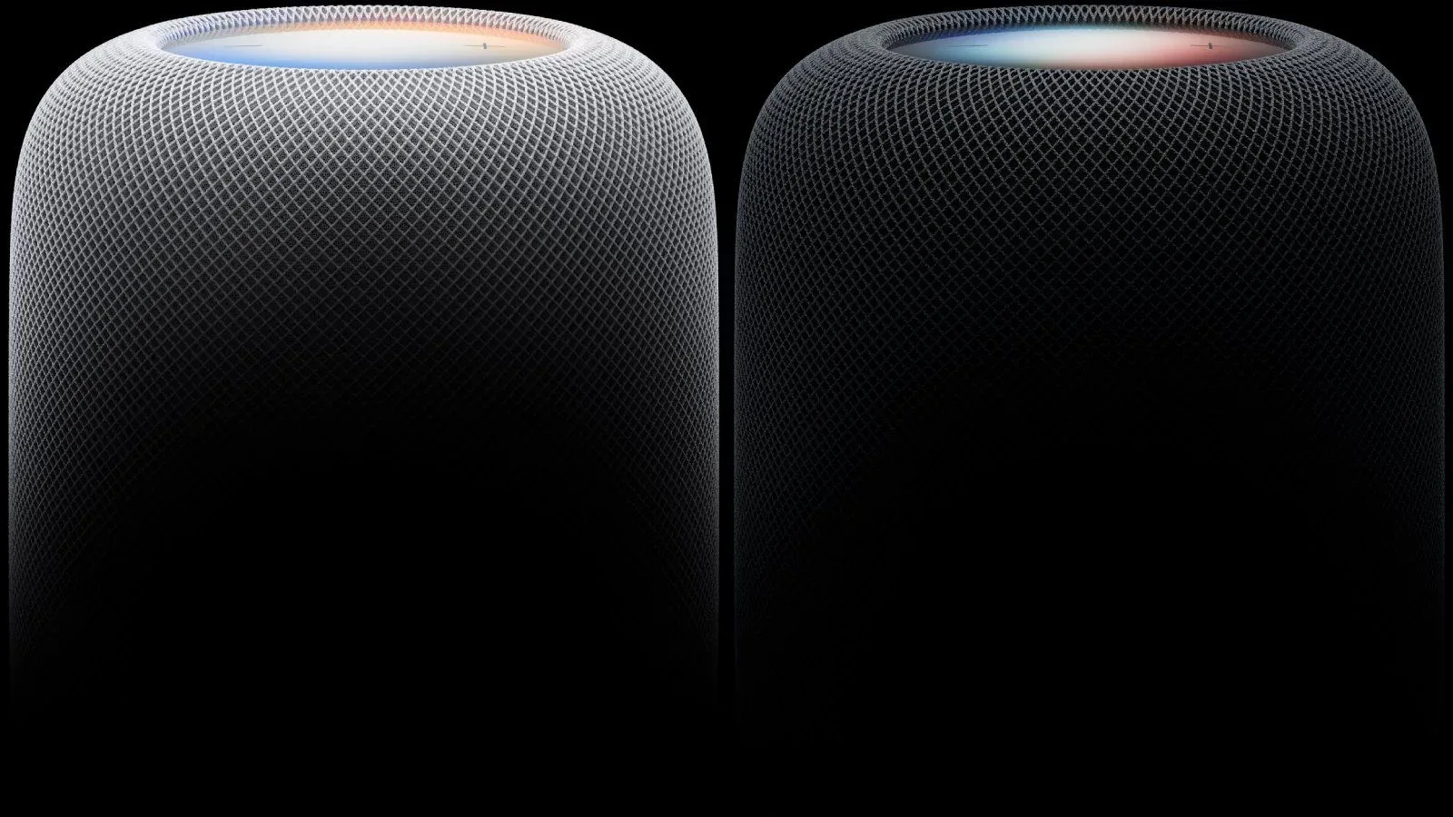 Full-sized Apple HomePod shown with a Siri AI glow reference