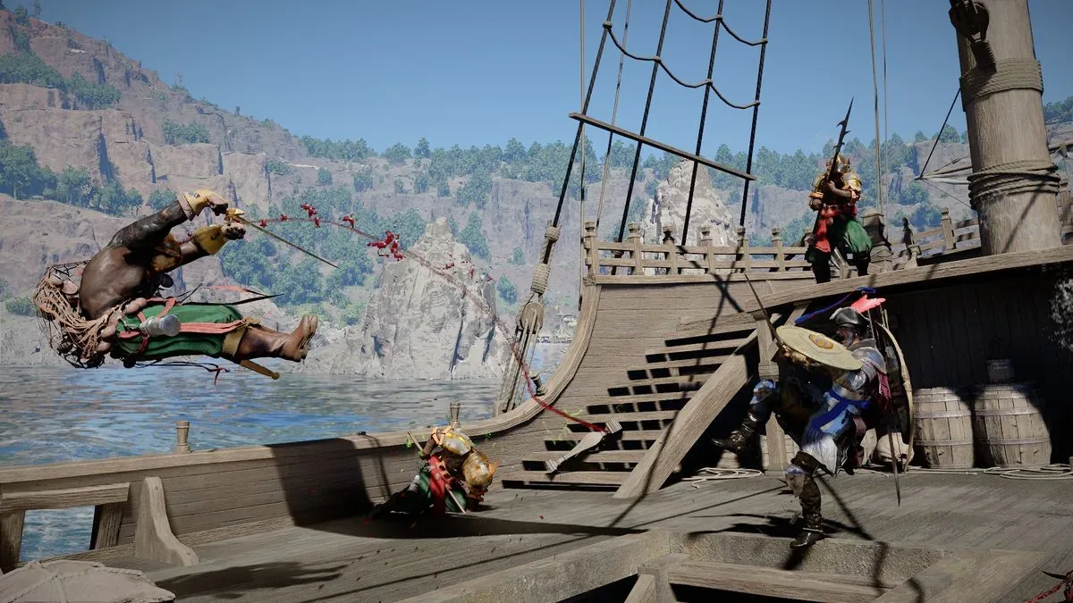 Kliff kicks an enemy off a ship in the Crimson Desert DLC