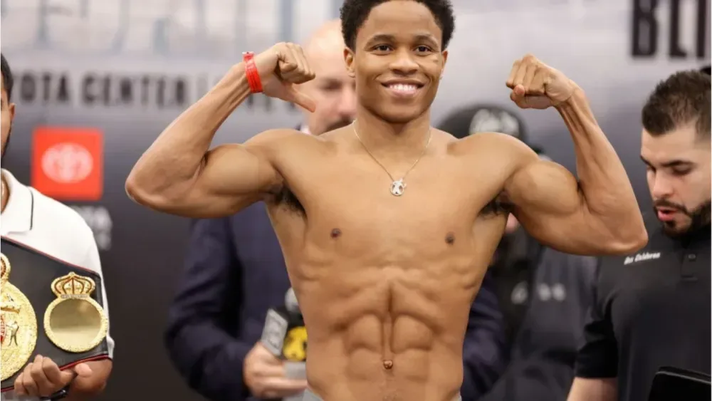 Boxing ring prepared for a championship fight at Wintrust Arena in Chicago