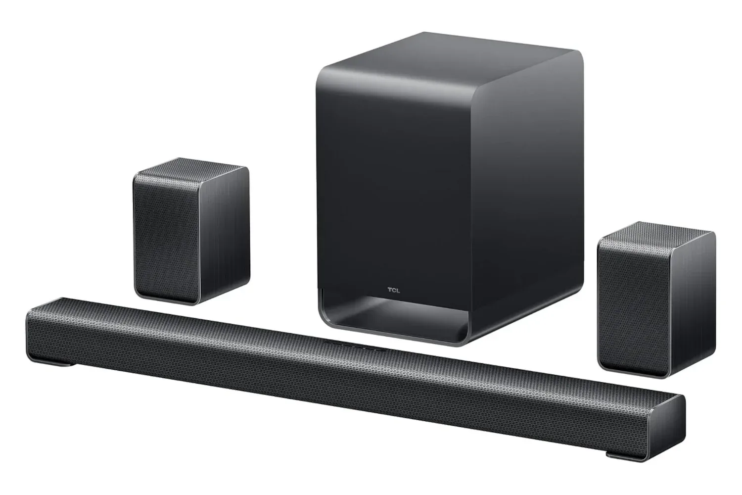 TCL S65K Series soundbar system with subwoofer and two wireless surround speakers