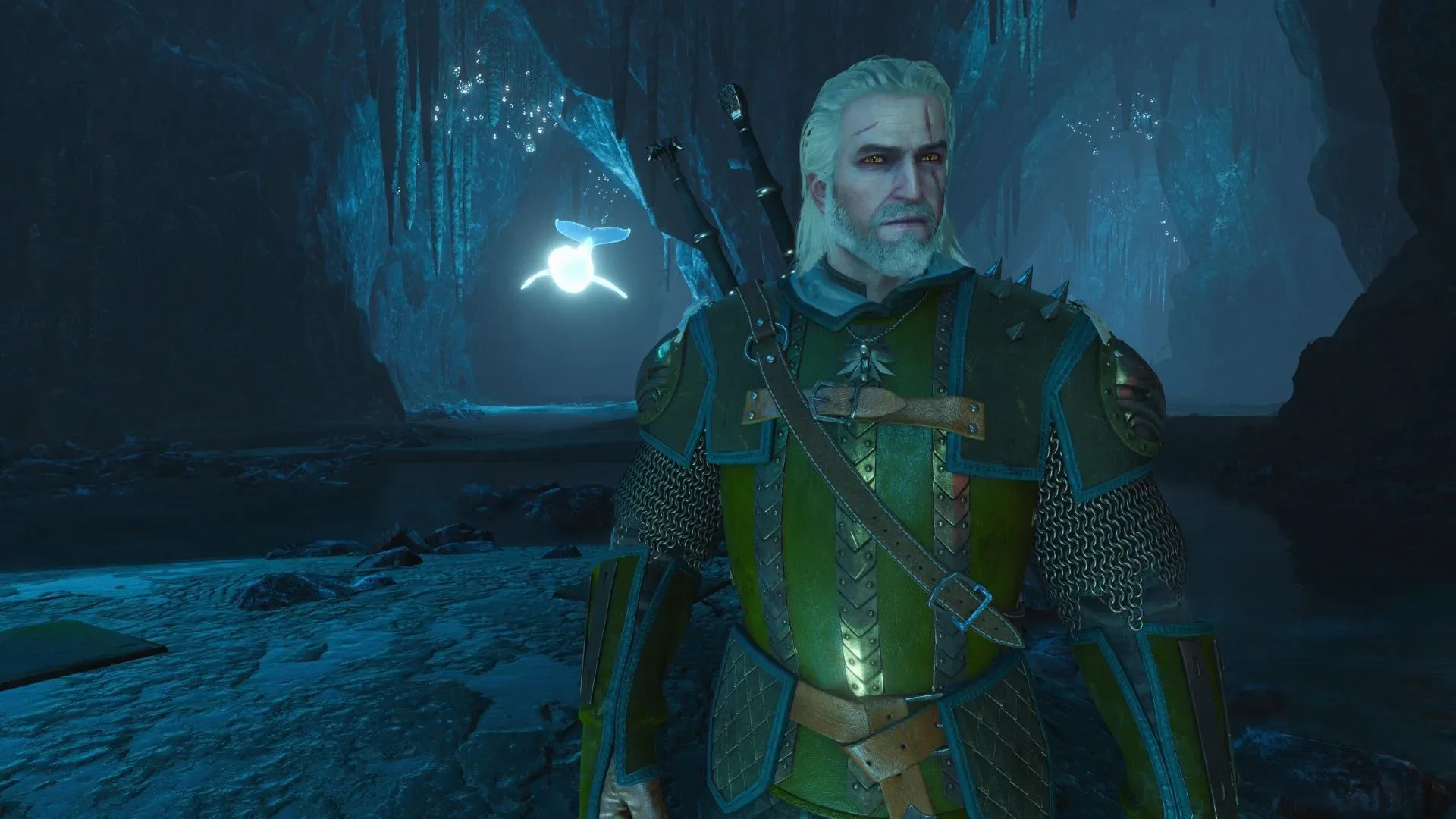 Geralt explores the surreal Cave of Dreams in Skellige