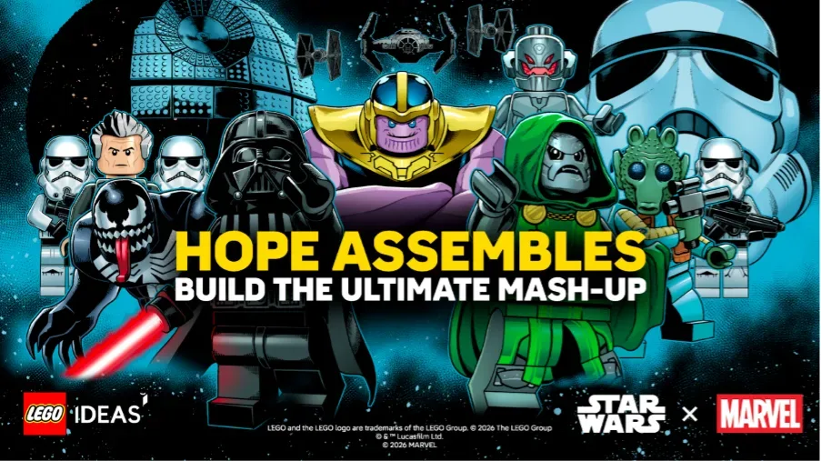 LEGO bricks arranged in a Marvel and Star Wars crossover-themed fan build