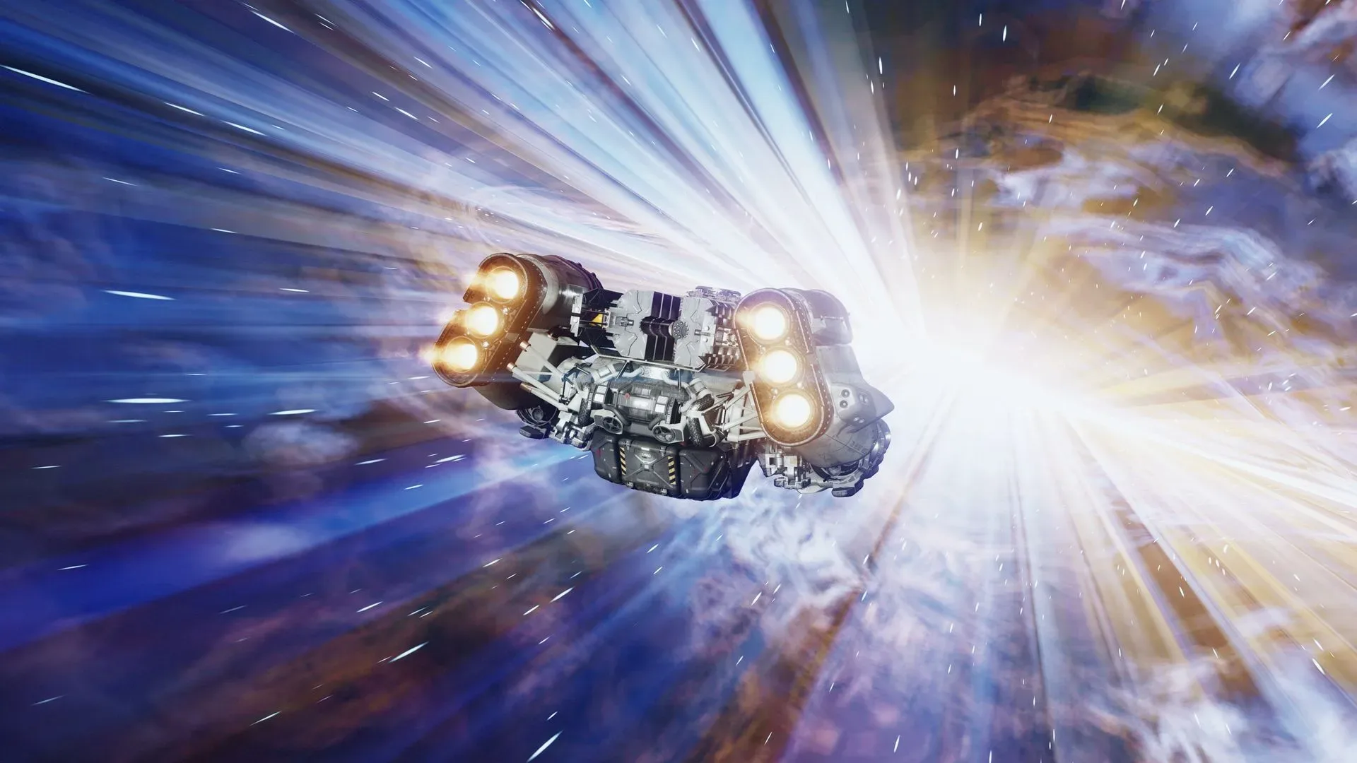 A Starfield ship descending from orbit toward a planet through layered clouds
