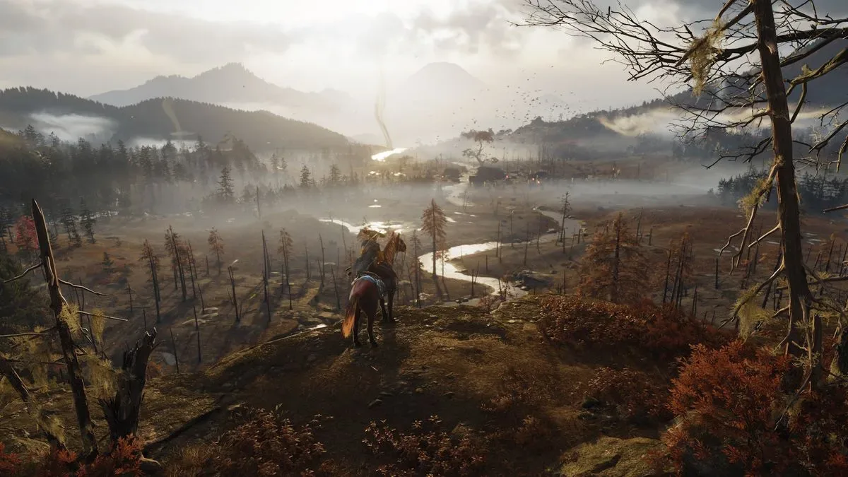 Ghost of Yotei Complete Edition screenshot of Atsu looking down at a blighted landscape