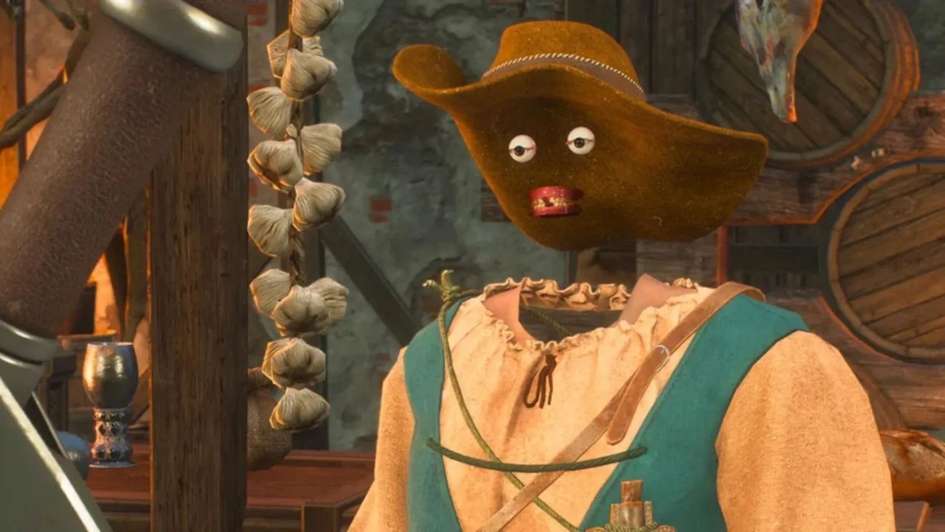 A Witcher 3 Remastered NPC with facial features failing to render properly