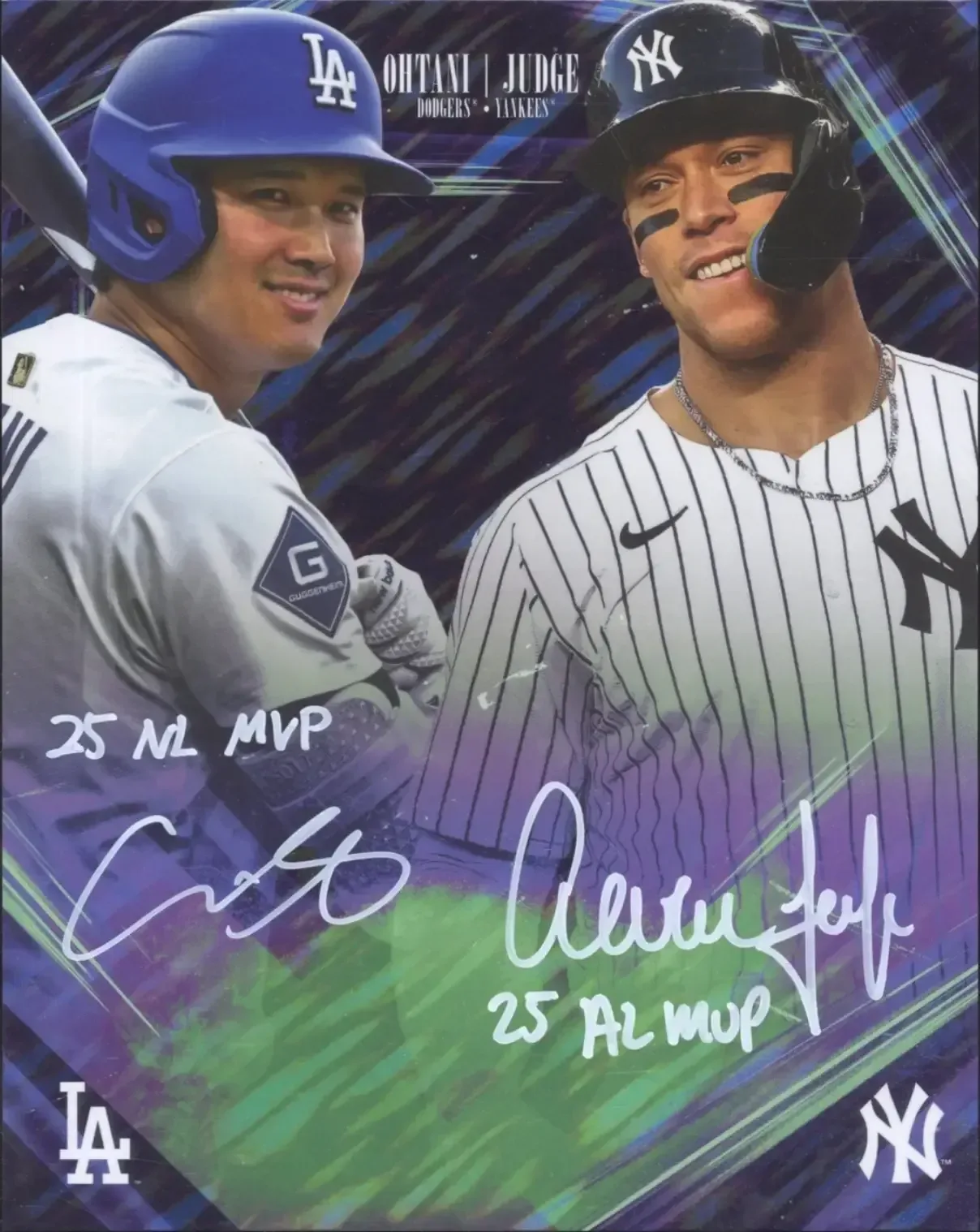 Aaron Judge and Shohei Ohtani dual-autograph one-of-one baseball card with MVP inscription